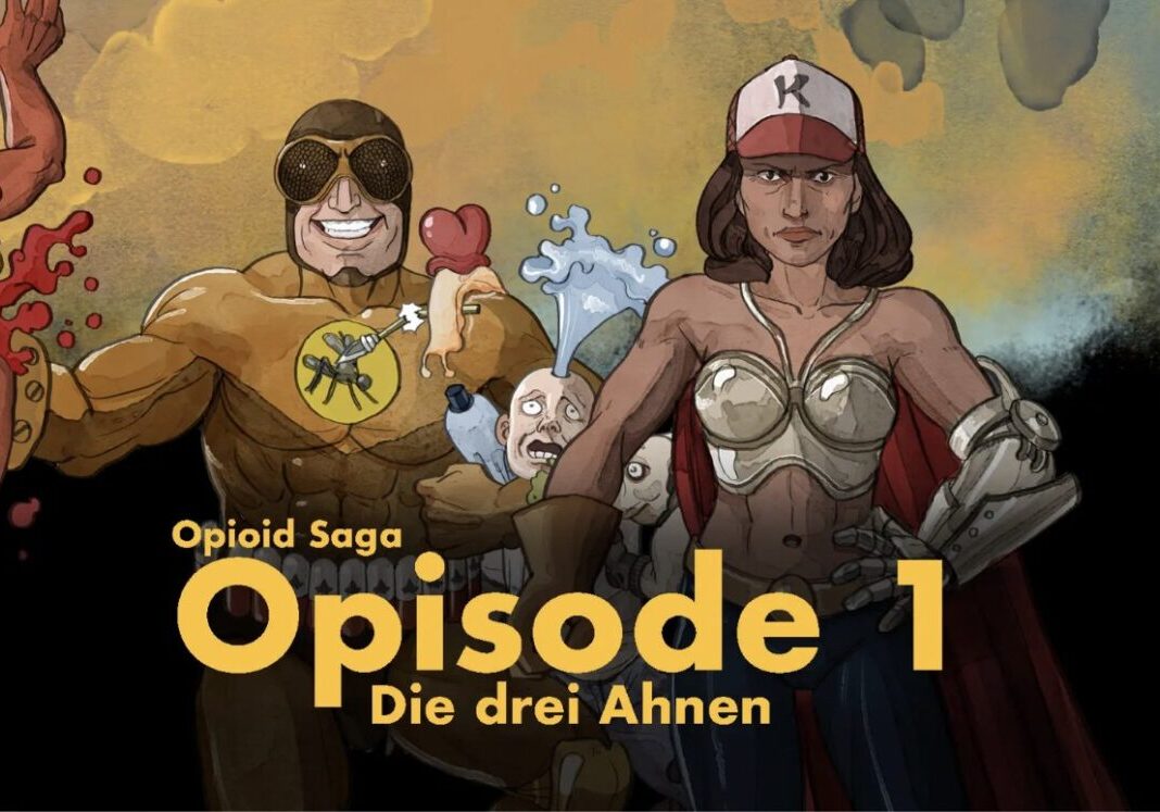 Eine Illustration im Comic-Stil mit zwei Superhelden im Vordergrund: ein lächelnder Mann in Gelb mit Schutzbrille und Bienensymbol und eine Frau in Rüstung mit roter Mütze. Der Text lautet Opioid Saga Opisode 1 Die drei Ahnen.