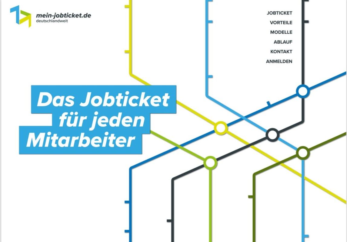 Eine stilisierte Transitkarte mit farbigen Linien und Knotenpunkten. Auf der linken Seite befindet sich ein blauer Kasten mit weißem Text: Das Jobticket für jeden Mitarbeiter. Auf der rechten Seite ist ein vertikales Menü aufgeführt: Jobticket, Vorteile, Modelle, Ablauf, Kontakt, Anmelden.