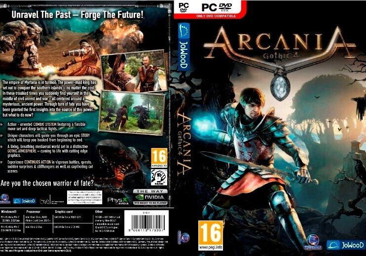 Das Cover des PC-Spiels Arcania: Gothic 4 zeigt einen Krieger in Rüstung mit einem Schwert, der vor einem leuchtenden Symbol steht. Im Hintergrund sind Kampfszenen, Spiellogos und Text zur Beschreibung des Spielablaufs zu sehen.