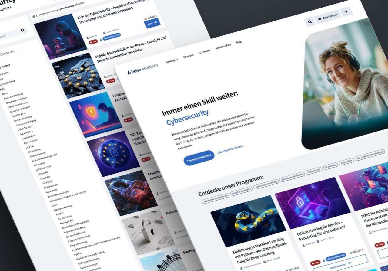 Zwei sich überlappende Webseiten zeigen eine Online-Lernplattform. Die Seiten zeigen Kurskategorien, Miniaturansichten, Navigationsmenüs, ein Home-Banner mit einer Frau, die einen Laptop benutzt, sowie Such- und Filteroptionen im oberen Bereich.